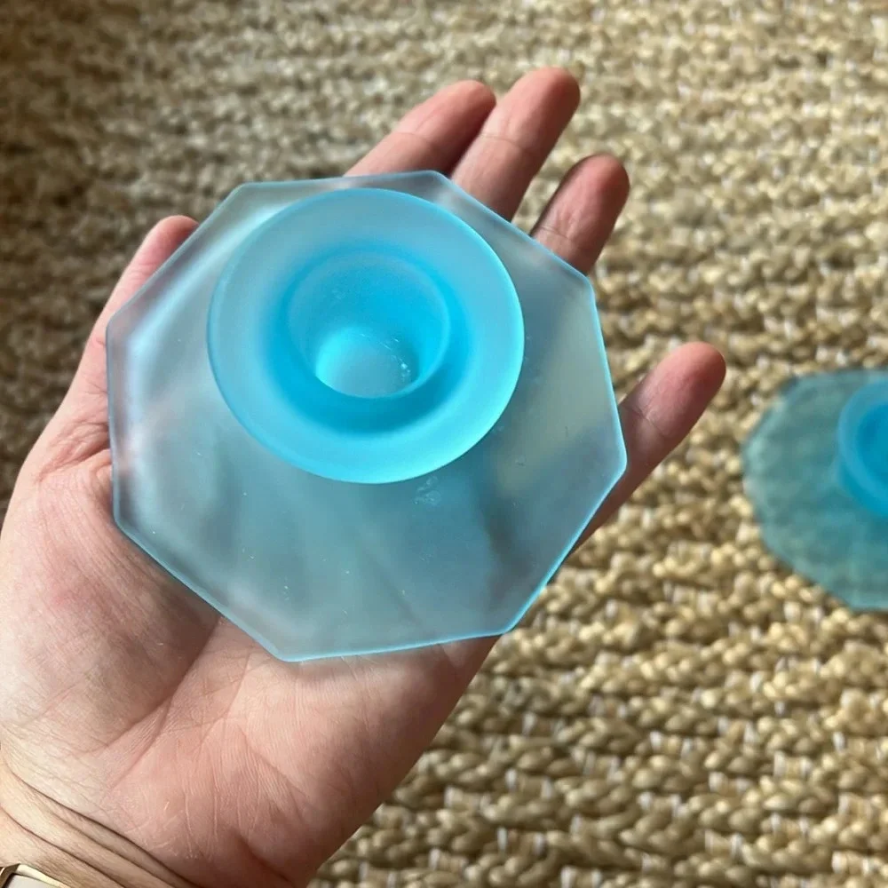 Set of 2 Octagonal Base Taper Candle Holders in Opaque Blue Glass. Beachy